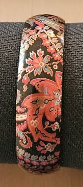 Vintage Bangle Bracelet Hand Painted Red Gold Floral Black 3”